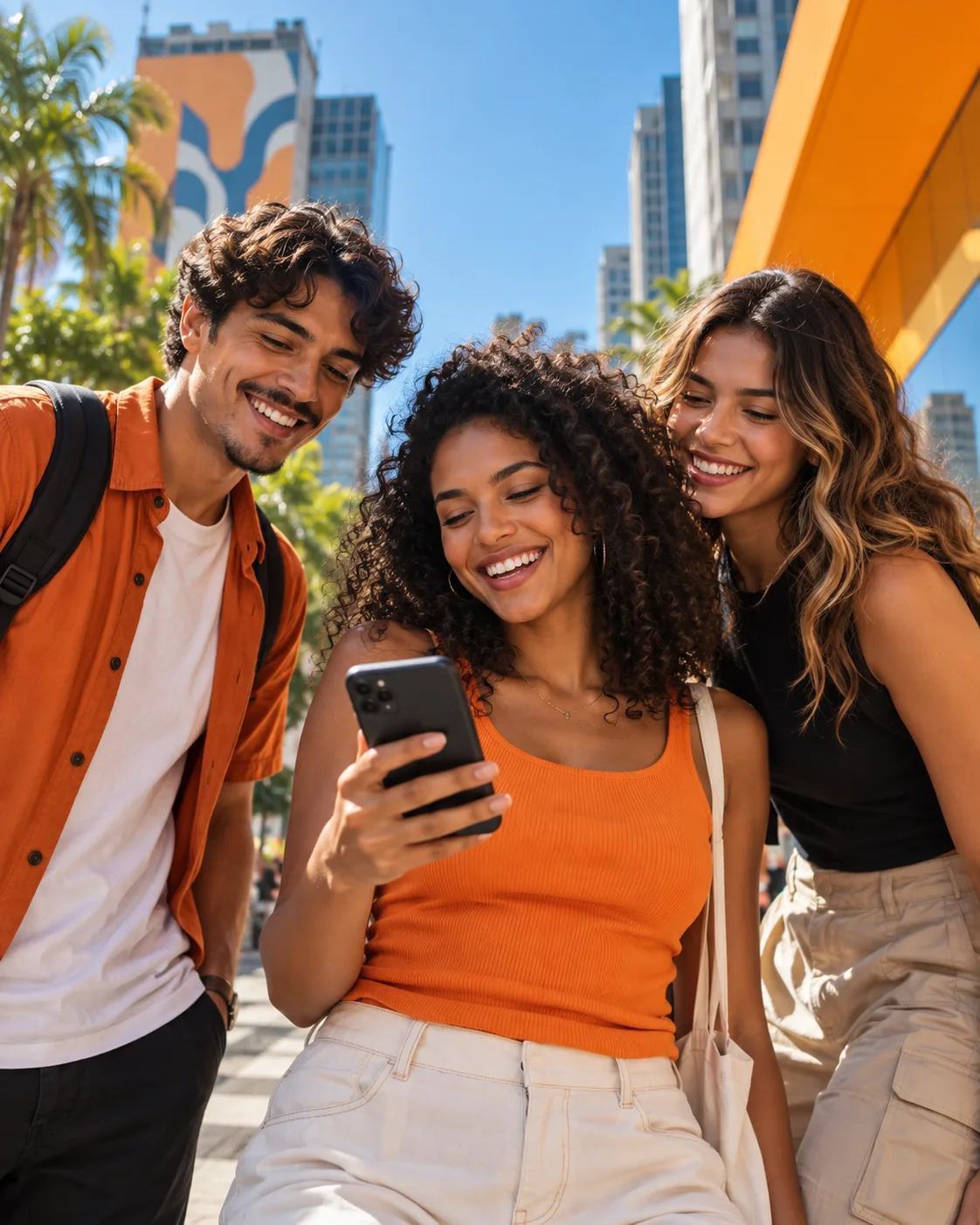 Jovens com celular em um ambiente urbano ensolarado
